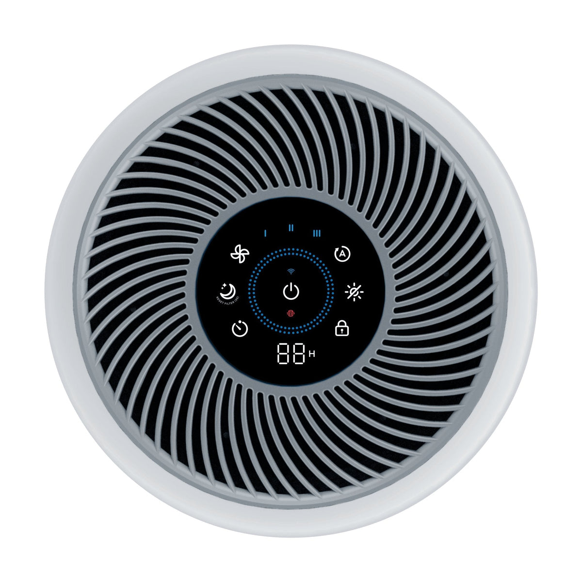 Levoit Core® 300S-P Smart Air Purifier control panel with digital display, showing various settings and controls.