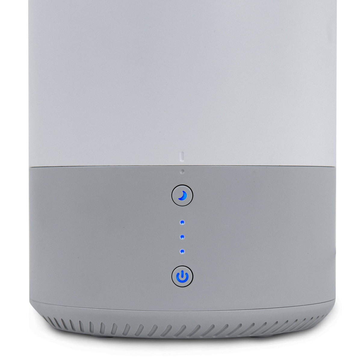 Close-up of Levoit Dual 100 Ultrasonic Humidifier & Diffuser controls, showing power and mist level buttons with blue LED indicators.